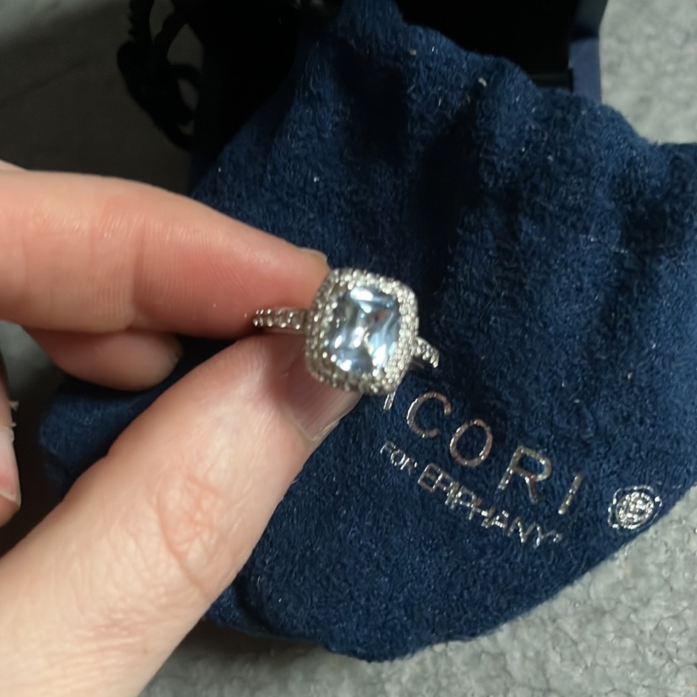 Tacori for Diamonique Aqua Blue Radiant Bloom Cut Halo Ring Sterling Epiphany 6